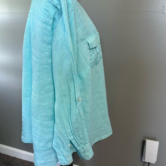 Talbots women’s 3X linen long sleeve shirt roll tab pullover tunic top aqua blue - Picture 5 of 12